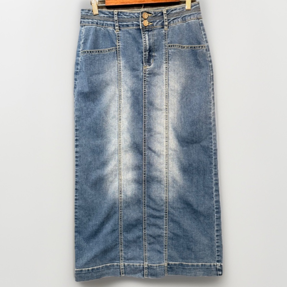 C Est. 1946 Denim Blue Jean Midi Maxi Skirt Size 6 High Rise Pockets Back Slit